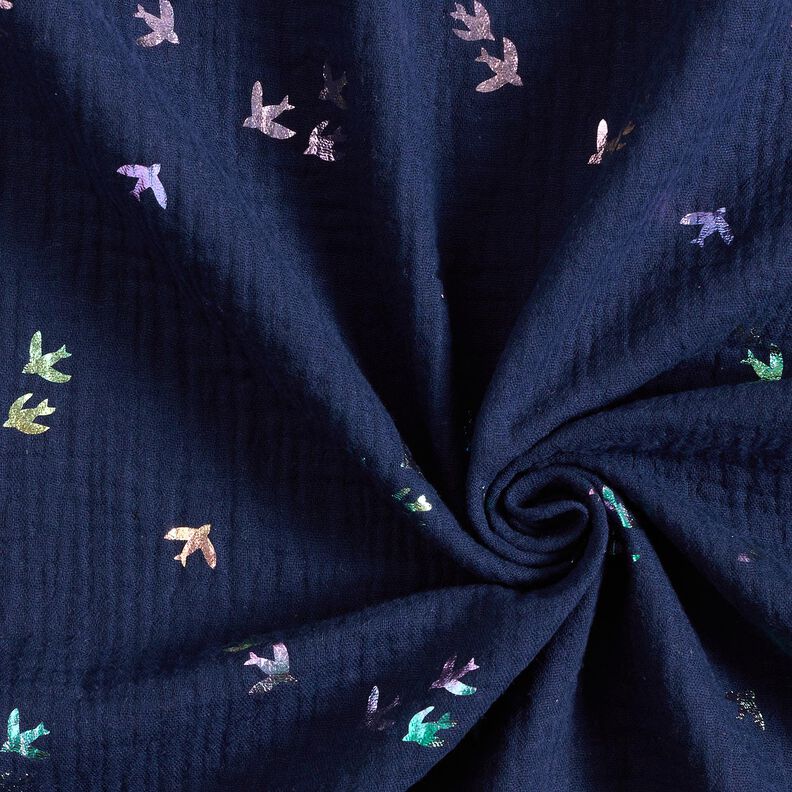 Muslin/Dubbel-krinkelväv Svalor Folietryck | Poppy Fabrics – nattblå/färgmix,  image number 3