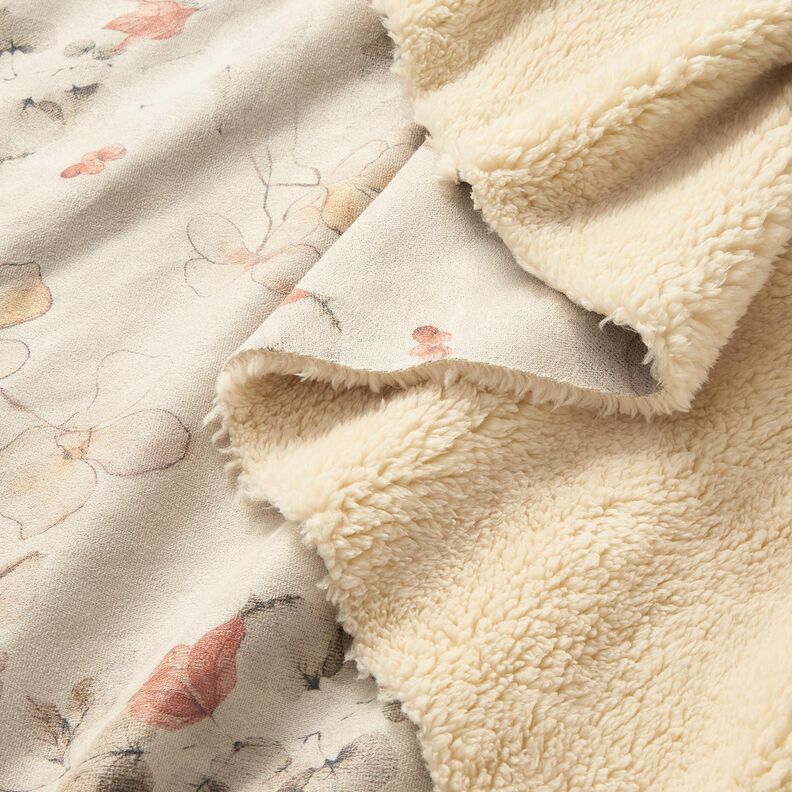 Stretchvelour med sherpabaksida, fina blommor | Katia Fabrics – natur, image number 2