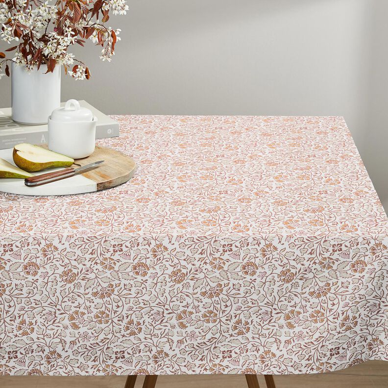 Bomullstyg Kretong delikata blomstermönster – vit/kanel,  image number 7