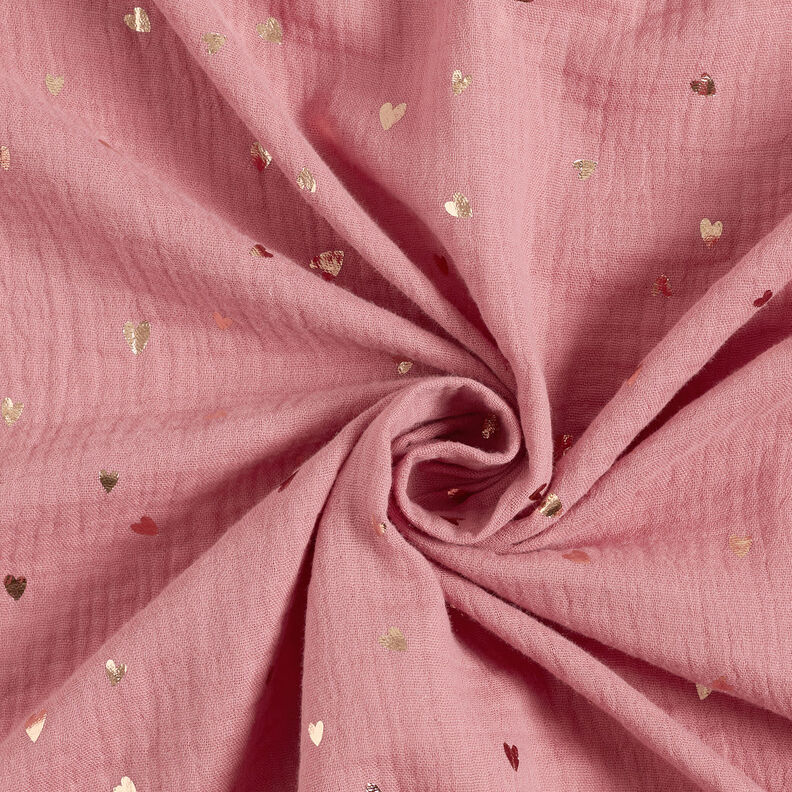Muslin/Dubbel-krinkelväv Hjärtan Folietryck | by Poppy mörk gammelrosa/guldmetallic,  image number 4