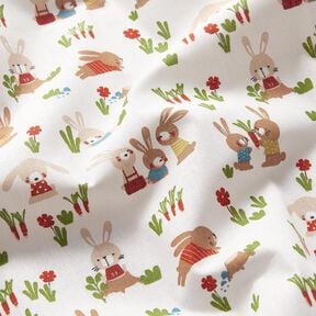 Bomullspoplin Kaniner i trädgård – vit, 