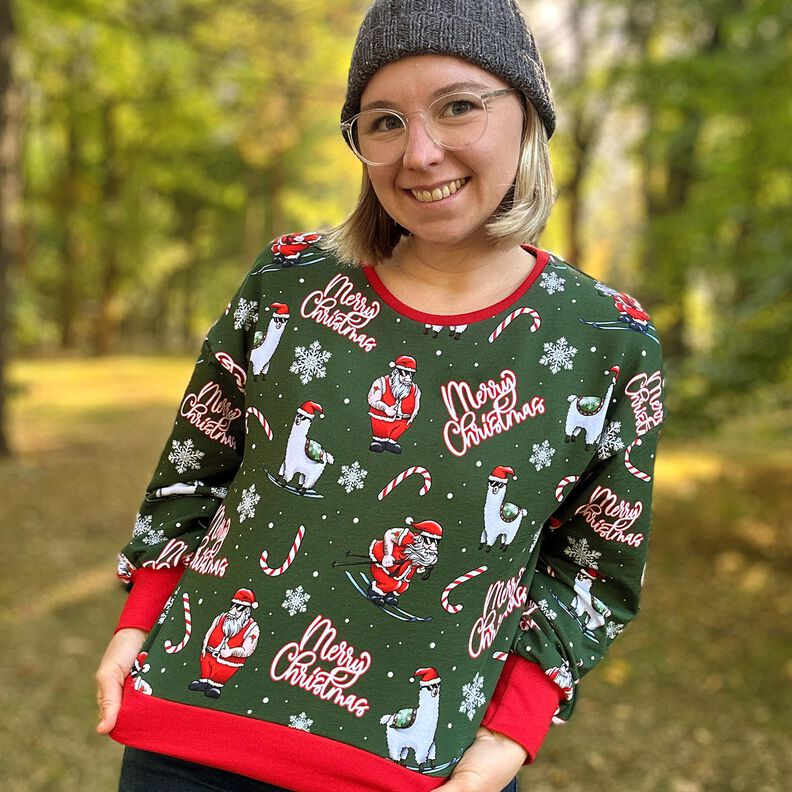 French Terry Sommarsweat Jultomten och lama | Glitzerpüppi – grangrön/chiliröd,  image number 5