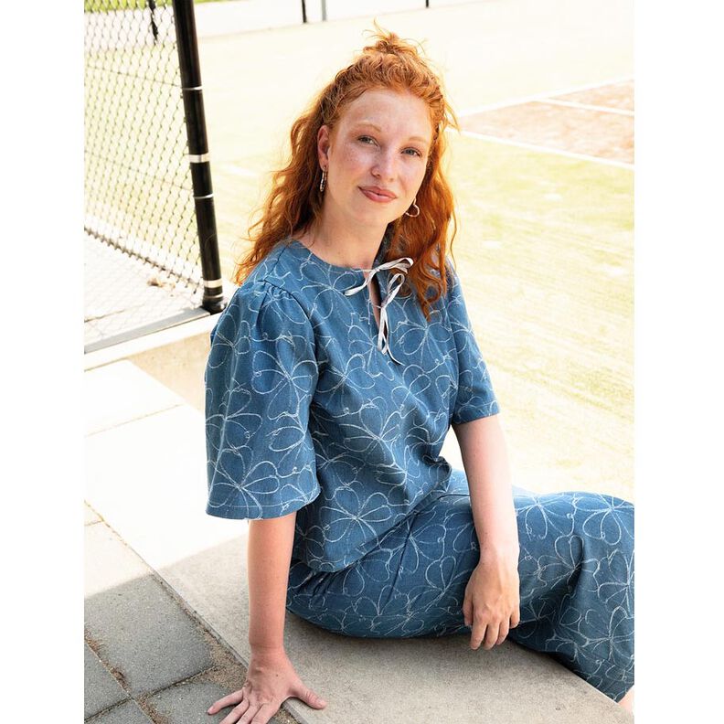 Jeans Jacquard blommor | Poppy Fabrics – jeansblå,  image number 6