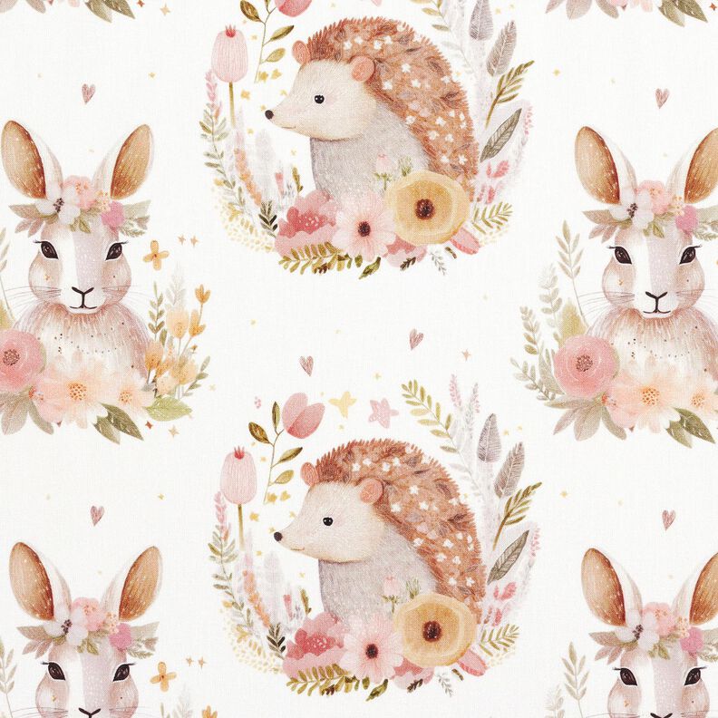 Bomullspoplin hare och igelkott i en blomcirkel Digitaltryck – elfenbensvit,  image number 1
