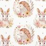 Bomullspoplin hare och igelkott i en blomcirkel Digitaltryck – elfenbensvit,  thumbnail number 1