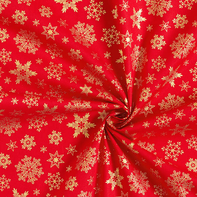 Bomullstyg Poplin snökristaller – röd/guld, image number 3