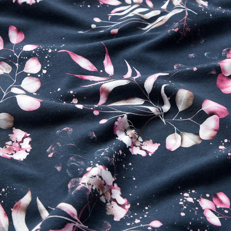 Bomullsjersey eukalyptus och hortensior | Glitzerpüppi – nattblå/rosa,  image number 6