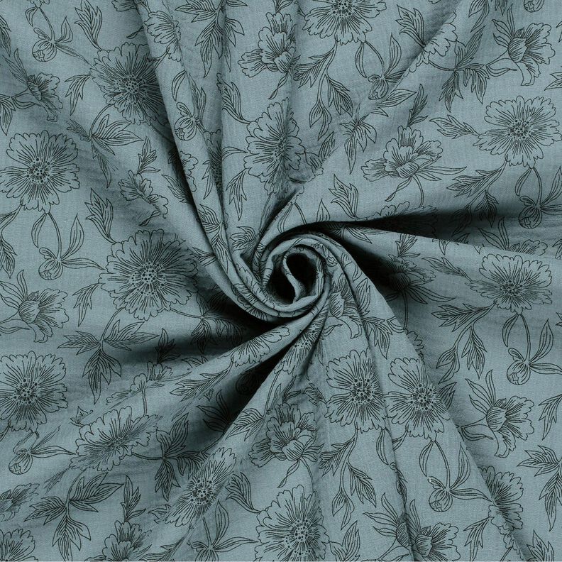 Muslin/Dubbel-krinkelväv stora blommor – blågrått/svart,  image number 3