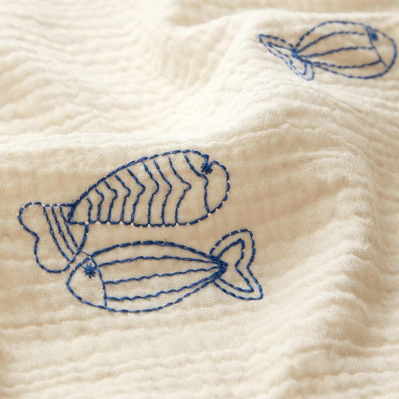Muslin/Dubbel-krinkelväv Broderade fiskar | Poppy Fabrics – yllevit/kungsblått,  image number 6