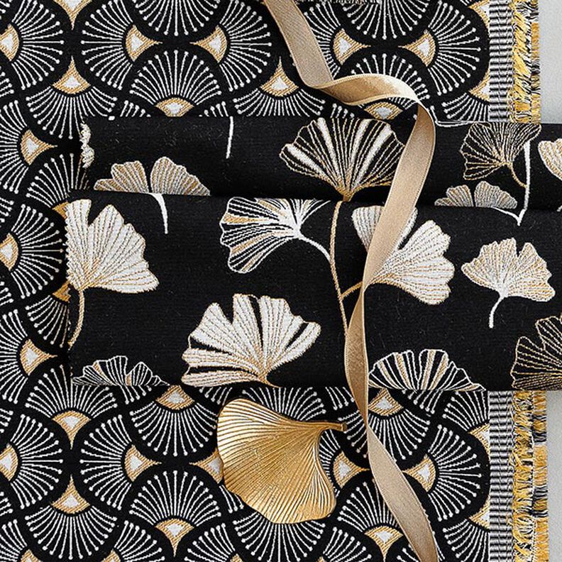 Dekorationstyg Jacquard Ginkgoblad – svart/guld,  image number 7