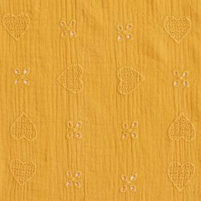Muslin/Dubbel-krinkelväv Engelskt broderi hjärtan – currygul, 