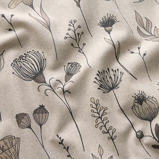 Dekorationstyg Halvpanama Tecknade blommor – natur/mörkbrun, 