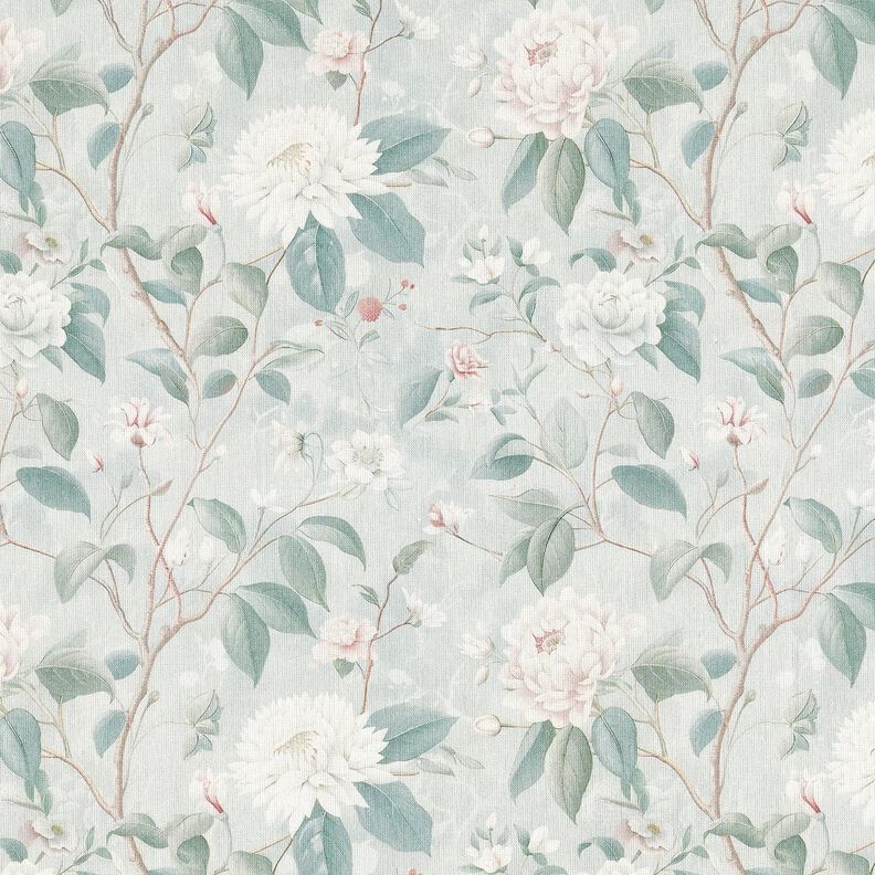 Bomullstyg Poplin fina blomkvistar – silverblå, image number 1