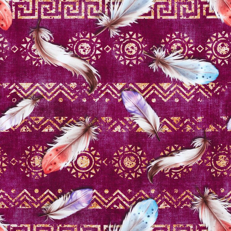 French Terry boho-fjädrar | Glitzerpüppi  – druva/hummer,  image number 1