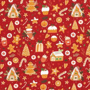 Bomullstyg Poplin pepparkakor – karminröd/senap, 