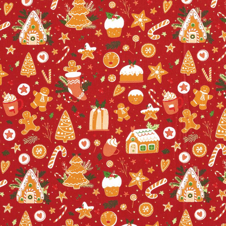 Bomullstyg Poplin pepparkakor – karminröd/senap,  image number 1