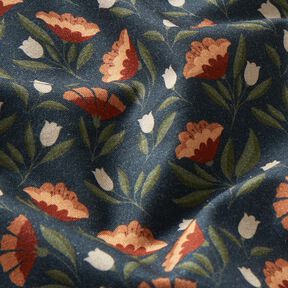 Bomullstyg Poplin filigranblommor – svartblå/terracotta, 