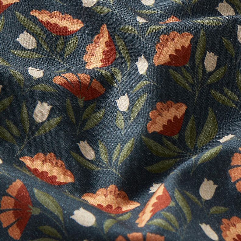 Bomullstyg Poplin filigranblommor – svartblå/terracotta, image number 2