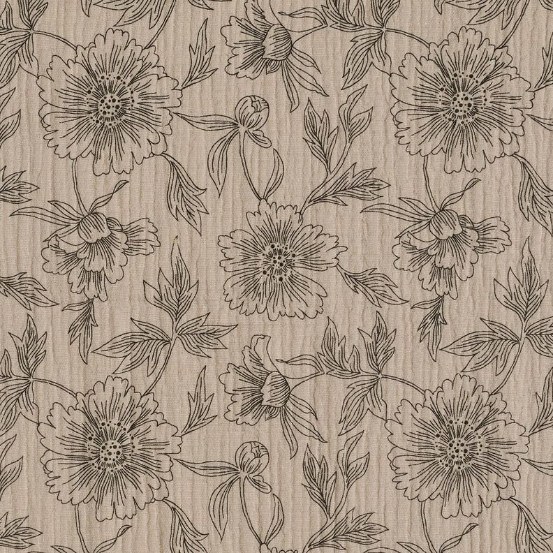 Muslin/Dubbel-krinkelväv stora blommor – ljus gråbrun/svart,  image number 1