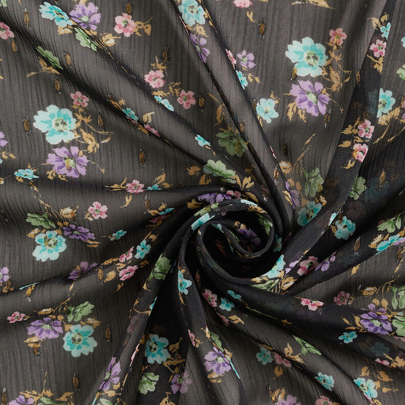Crepe-chiffong Dobby & Blommor – svart/ljusblå, image number 3