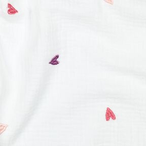 Muslin/Dubbel-krinkelväv broderade hjärtan | Poppy Fabrics – vit/rose, 