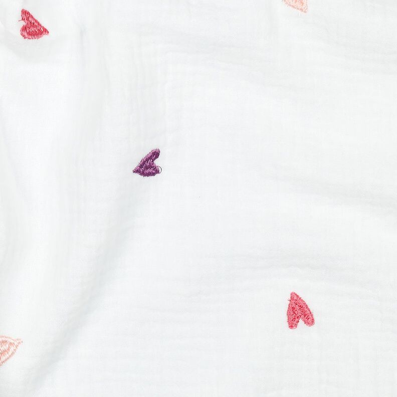Muslin/Dubbel-krinkelväv broderade hjärtan | Poppy Fabrics – vit/rose, image number 2