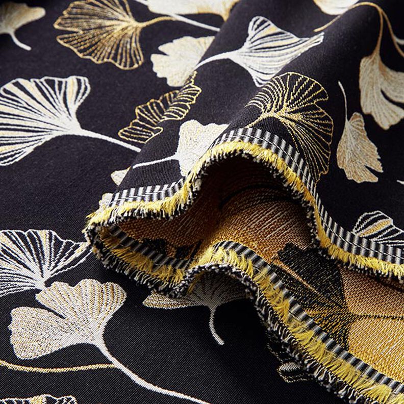 Dekorationstyg Jacquard Ginkgoblad – svart/guld,  image number 3