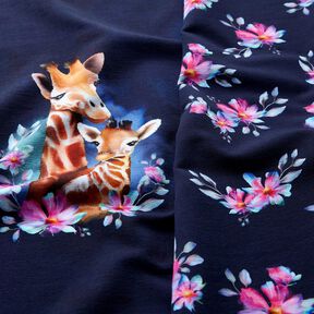 French Terry Sommarsweat Giraff-familj Panel | Glitzerpüppi – nattblå, 