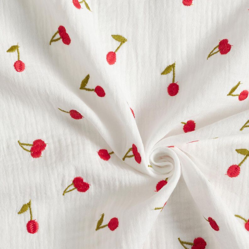 Muslin/Dubbel-krinkelväv Broderade körsbär | Poppy Fabrics – vit/eldröd,  image number 3