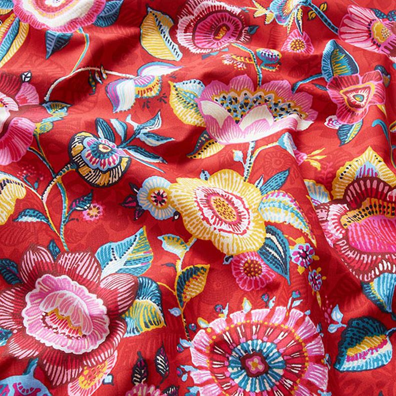 Bomullstyg Kretong duttade blommor – chiliröd,  image number 2