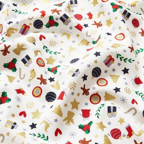 Bomullstyg Poplin små julmotiv – ljusbeige/guld, 