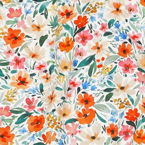 Viskostyg Blomsteräng digitaltryck – vit/brandgul, 