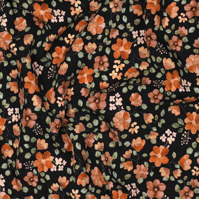 GOTS Bomullsjersey höstblommor Digitaltryck – svart/persikofärgad,  image number 2