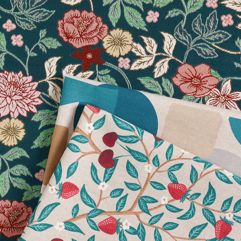 Dekorationstyg Jacquard Vintageblommor – petrol/mörkröd, image number 5
